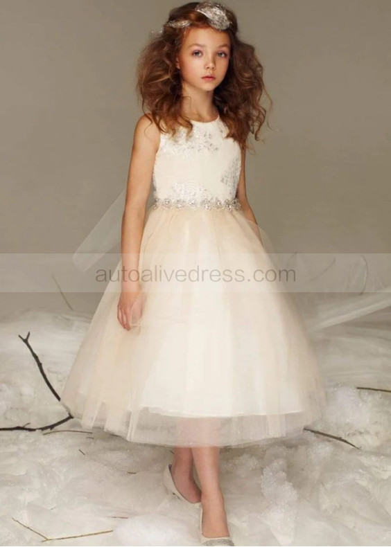 Lace Tulle Flower Girl Dress With Rhinestone Belt Lace Tulle Flower Girl Dress With Rhinestone Belt